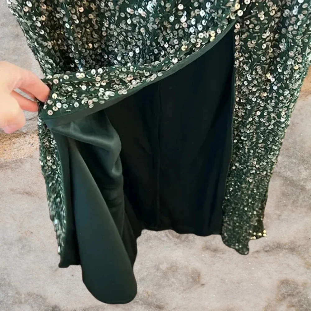 NWT Mac Duggal Forest Green Sequin Embellished Thigh-High Trumpet Gown MSRP $450 - Picture 5 of 8